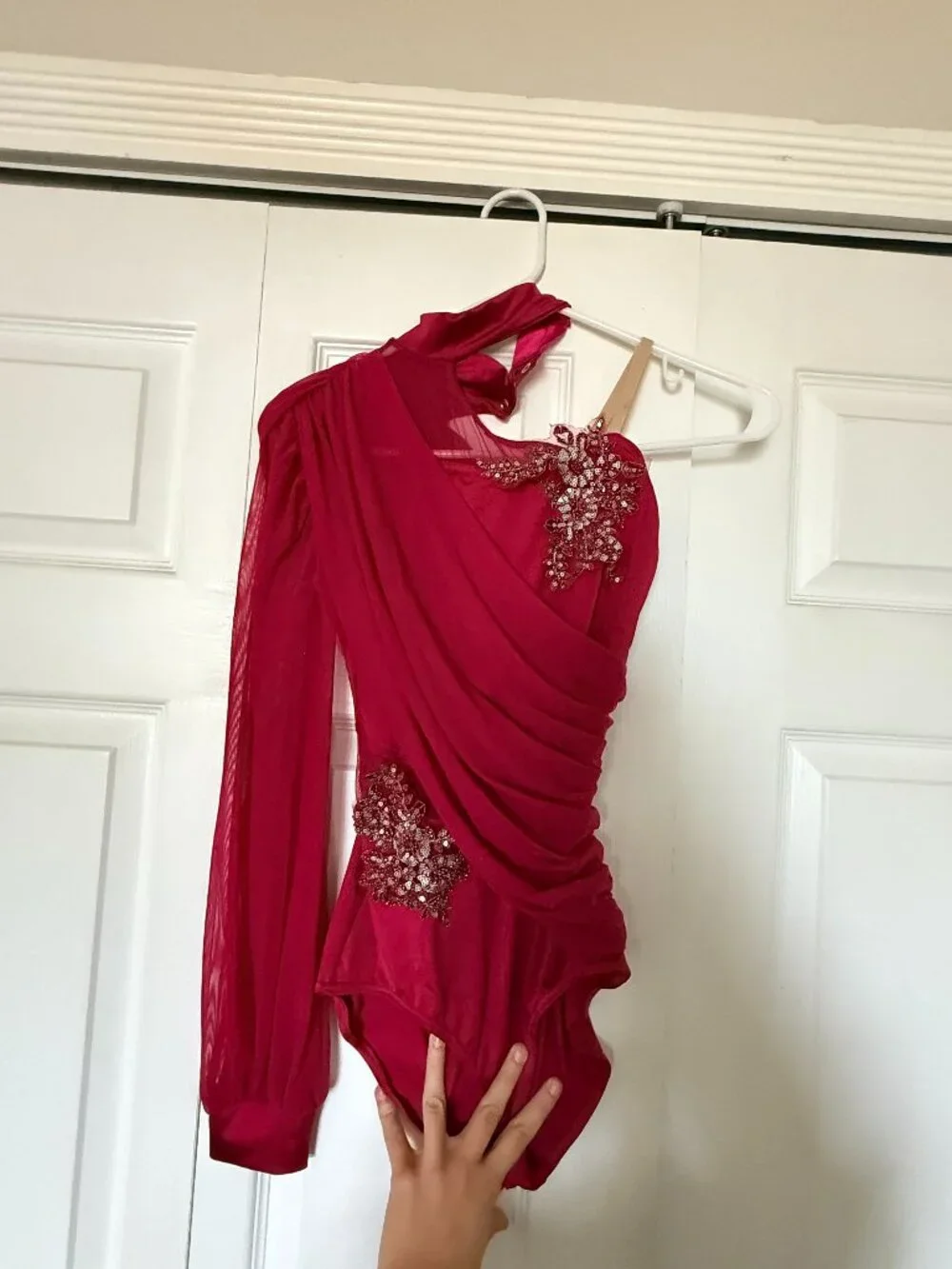 Weissmans Maroon asymetrical dance costume with cutouts and sequins